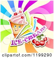 Waffle Ice Cream Cone With Frozen Yogurt Cherries Text And Colorful Swirls
