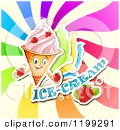 Poster, Art Print Of Waffle Ice Cream Cone With Frozen Yogurt Strawberries Text And Colorful Swirls