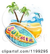 Poster, Art Print Of Summer Text Over A Tropical Beach With A Ball And Leaping Dolphin