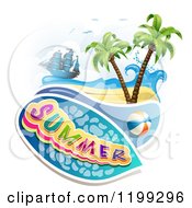 Poster, Art Print Of Summer Text Over A Tropical Beach With A Ball And Pirate Ship