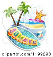 Poster, Art Print Of Summer Text Over A Tropical Beach With A Ball And Surfing Starfish