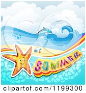 Poster, Art Print Of Summer Text With A Starfish In Water Over A Tropical Beach With A Dolphin