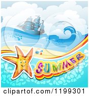 Poster, Art Print Of Summer Text With A Starfish In Water Over A Tropical Beach With A Ship