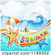 Summer Text With Starfish In Water Over A Tropical Beach With Beach Toys