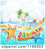 Summer Text With Starfish In Water Over A Tropical Beach With Beach Toys And An Island