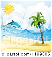 Poster, Art Print Of White Sand Tropical Beach With Dolphins And A Palm Tree