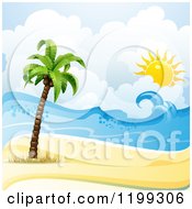 White Sand Tropical Beach With A Palm Tree And Sun Over The Surf