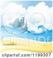 Poster, Art Print Of White Sand Tropical Beach With Seagulls And A Ship
