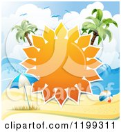 Poster, Art Print Of White Sand Tropical Beach With A Big Sun Frame Between Palm Trees Over An Umbrella And Ball