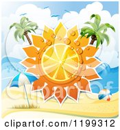 White Sand Tropical Beach With A Big Orange Citrus Sun With Dew And Palm Trees Over An Umbrella And Ball