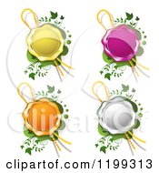 Poster, Art Print Of Yellow Purple Orange And White Wax Seals With Ribbons Over Green With Vines