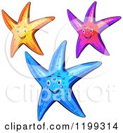 Cartoon Of Happy Yellow Purple And Blue Starfish Royalty Free Vector Clipart by merlinul