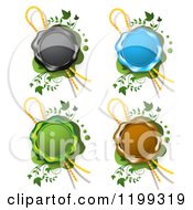 Black Blue Green And Brown Wax Seals With Ribbons Over Green With Vines
