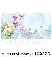 Poster, Art Print Of Background Of Butterflies With Trails Over Blue With Roses