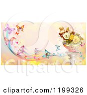 Poster, Art Print Of Background Of Butterflies With Trails Over Pink With Roses On A Stand