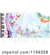 Poster, Art Print Of Background Of Butterflies Over Blue With A Piano Keyboard