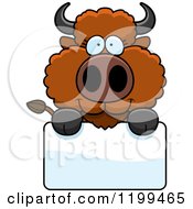 Cartoon Of A Cute Buffalo Calf Over A Sign Royalty Free Vector Clipart