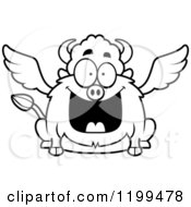 Poster, Art Print Of Black And White Happy Grinning Chubby Winged Buffalo
