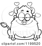 Cartoon Of A Black And White Loving Chubby Buffalo With Hearts Royalty Free Vector Clipart