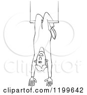 Cartoon Of An Outlined Circus Man Hanging Upside Down On A Trapeze Royalty Free Vector Clipart