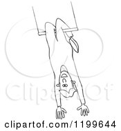 Cartoon Of An Outlined Circus Man Swinging Upside Down On A Trapeze Royalty Free Vector Clipart