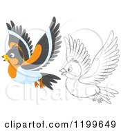 Cartoon Of A Black And White And Colored Cute Bramble Finch Flying Royalty Free Vector Clipart