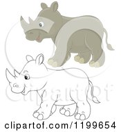 Cartoon Of A Black And White And Colored Cute Rhino Walking Royalty Free Vector Clipart