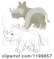 Cartoon Of A Colored And Line Art Cute Rhino Royalty Free Clipart