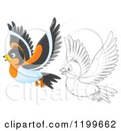 Cartoon Of A Colored And Line Art Cute Flying Bramble Finch Royalty Free Clipart