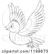 Cartoon Of A Black And White Cute Bramble Finch Flying Royalty Free Vector Clipart