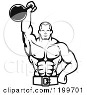 Black And White Male Bodybuilder Using A Kettlebell For Tricep Extensions