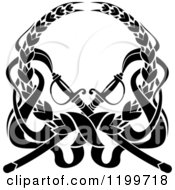 Clipart Of A Black Laurel Wreath With Swords 2 Royalty Free Vector Illustration