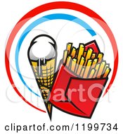 Fast Food Design Of A Melting Waffle Ice Cream Cone And French Fries In Red And Blue Rings