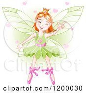 Poster, Art Print Of Happy Dancing Fairy Ballerina With Red Hair And Hearts Over Green
