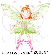 Happy Dancing Fairy Ballerina With Red Hair A Green Tutu And Hearts