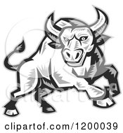 Clipart Of A Grayscale Woodcut Charging Angry Bull Royalty Free Vector Illustration
