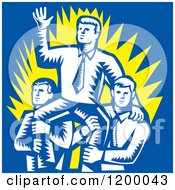 Poster, Art Print Of Retro Woodcut Businessman Waving And Being Carried By Colleagues On Blue