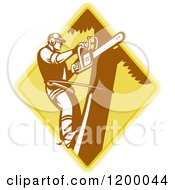 Clipart Of A Retro Tree Surgeon Arborist With A Chainsaw On A Diamond Royalty Free Vector Illustration
