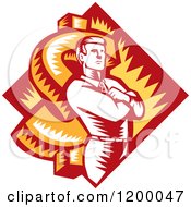 Retro Woodcut Businessman With Folded Arms Over A Dollar Symbol And Diamond