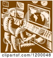 Poster, Art Print Of Command Center Control Room With Two Male Operators In Brown Woodcut