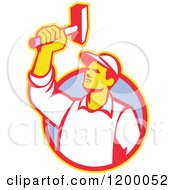 Clipart Of A Retro Union Worker Holding Up A Hammer Over A Circle Royalty Free Vector Illustration