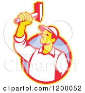 Retro Union Worker Holding Up A Hammer Over A Circle