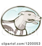 Retro Racing Greyhound Dog In An Oval Of Rays On Blue