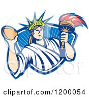 Retro Statue Of Liberty Holding A Football And Torch Over A Shield