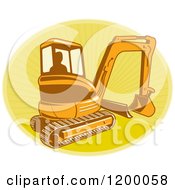 Poster, Art Print Of Silhouetted Worker Operating A Digger Excavator Machine Over A Yellow Oval Of Rays