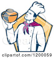 Poster, Art Print Of Retro Chef Baker Holding A Pot Over A Hexagon Of Rays