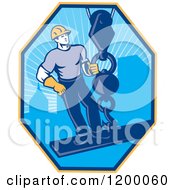 Poster, Art Print Of Retro Construction Worker On A Girder Being Hoisted In A Hexagon