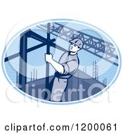 Retro Construction Worker On Scaffolding In A Blue Oval