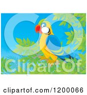 Cartoon Of A Happy Parrot In A Tree Against Blue Sky Royalty Free Vector Clipart