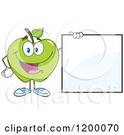 Poster, Art Print Of Happy Green Apple Mascot By A Sign